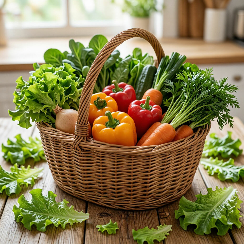Корзина с полезными продуктами и овощами на столе в рамках рекомендаций по питанию.