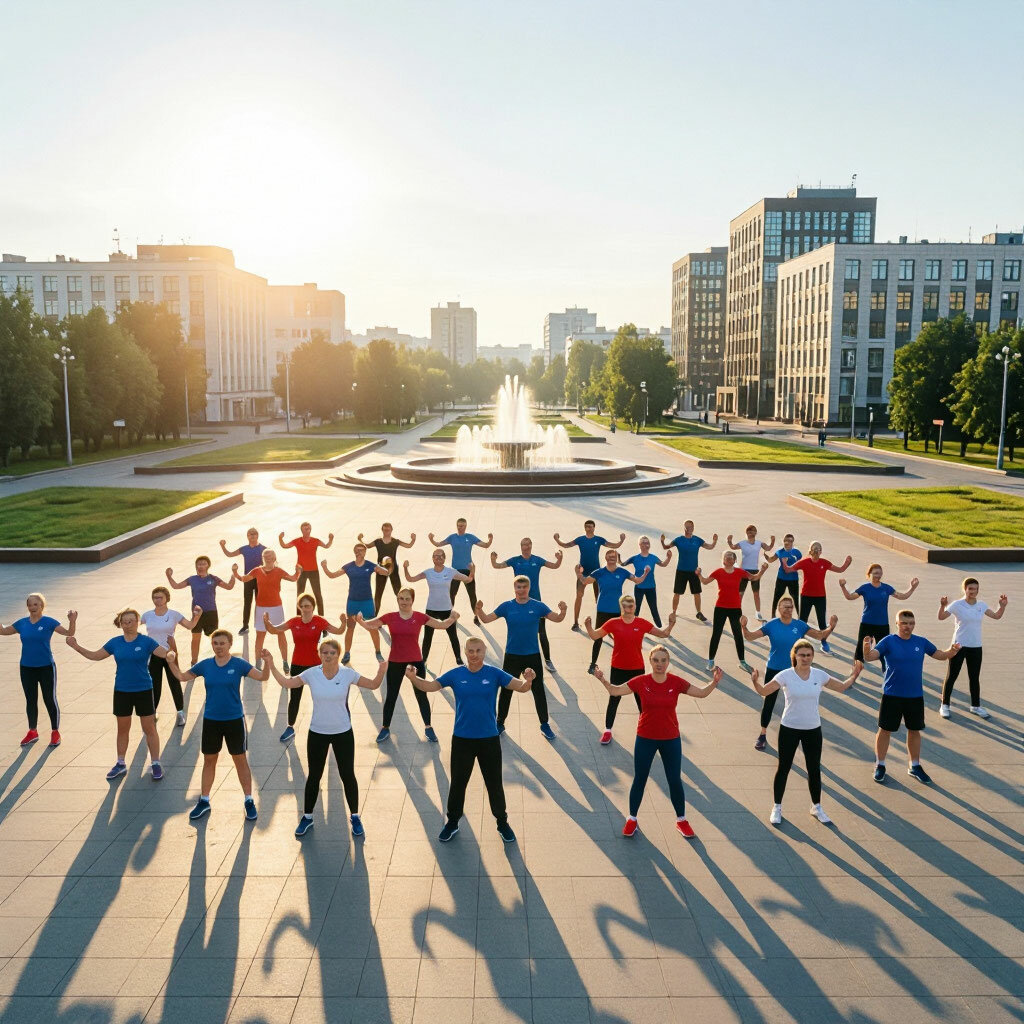Массовая зарядка на городской площади в День физкультурника