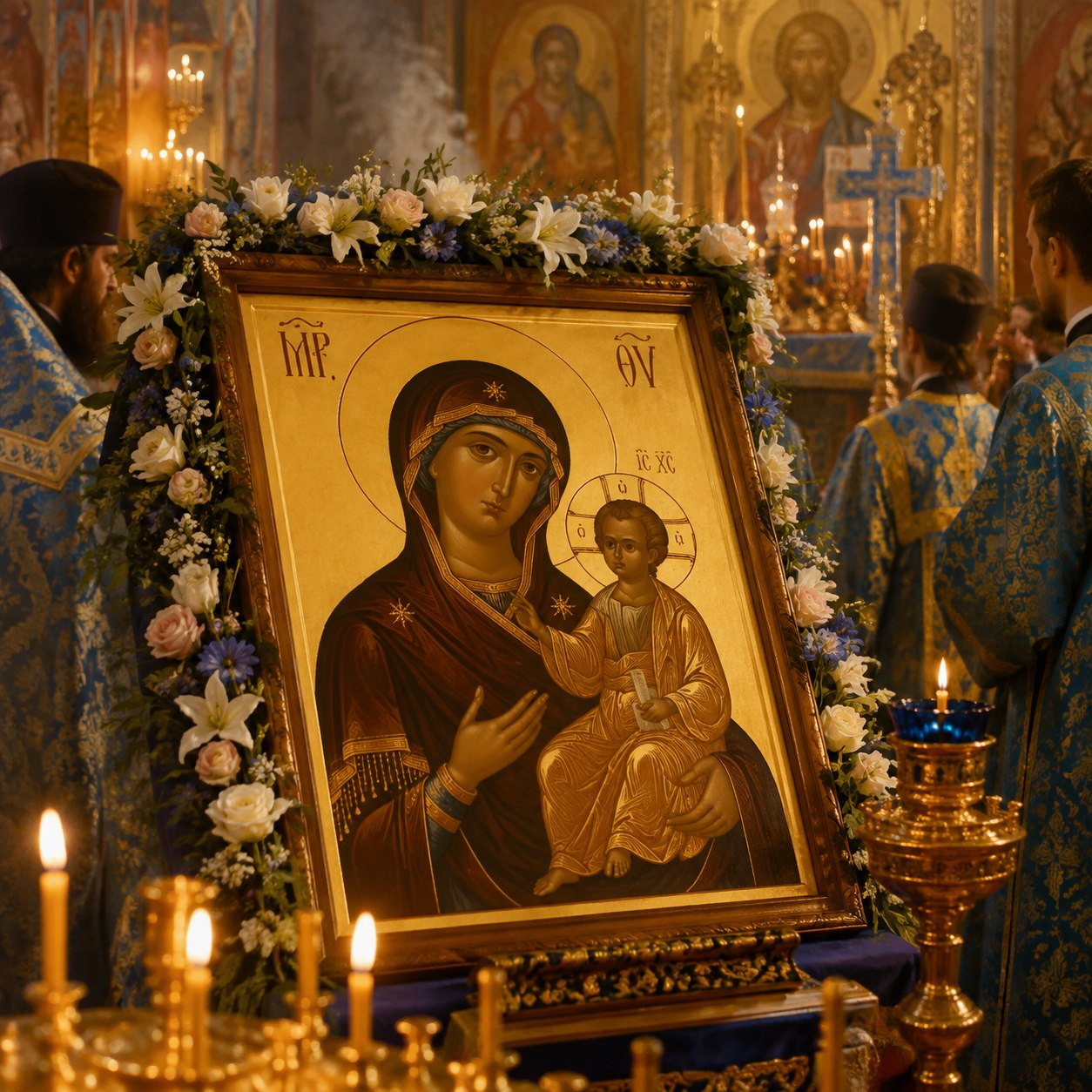 Икона Божией Матери Одигитрия во время праздничного богослужения.