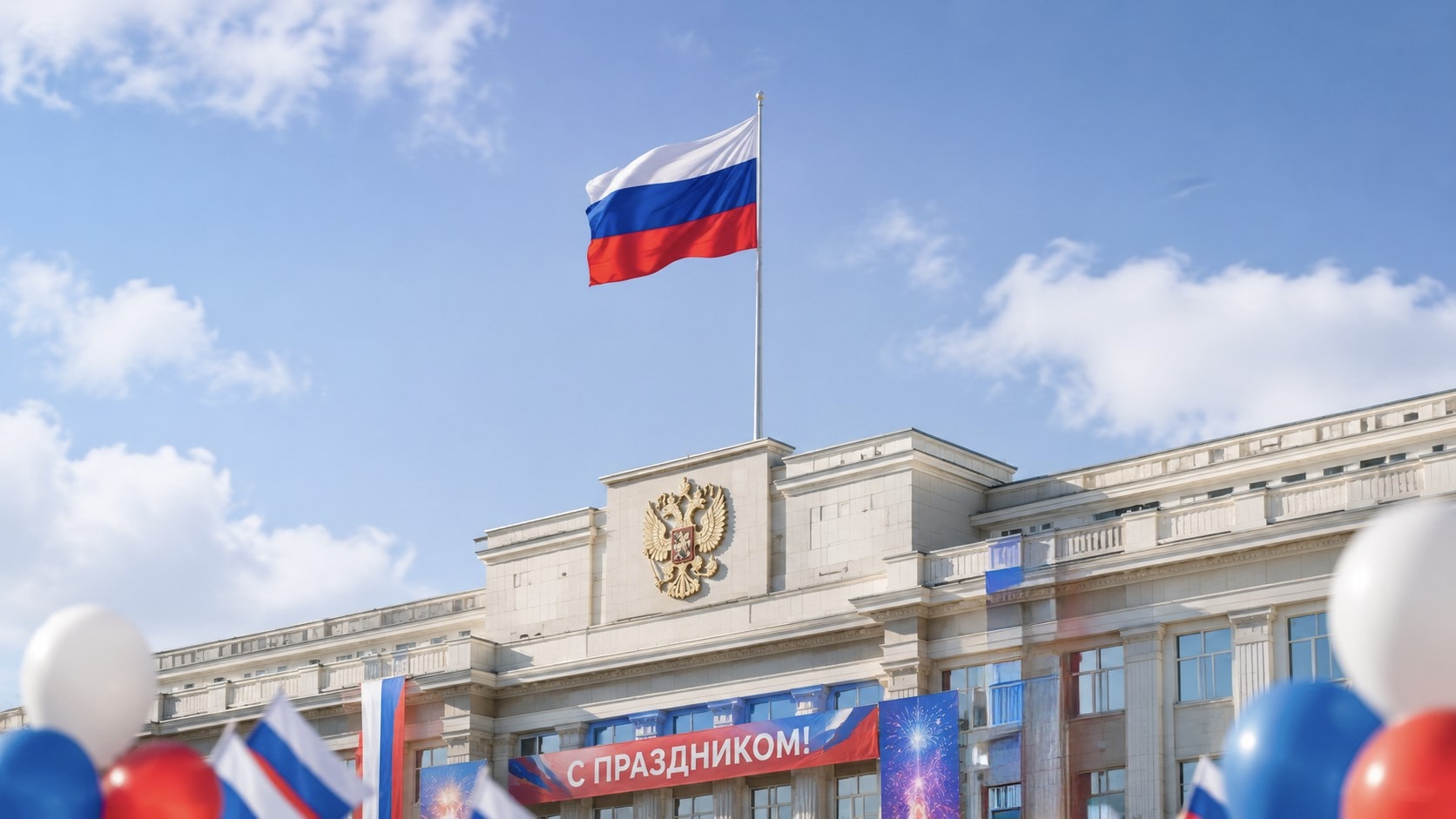 Государственный флаг России поднимают над зданием администрации в праздничный день