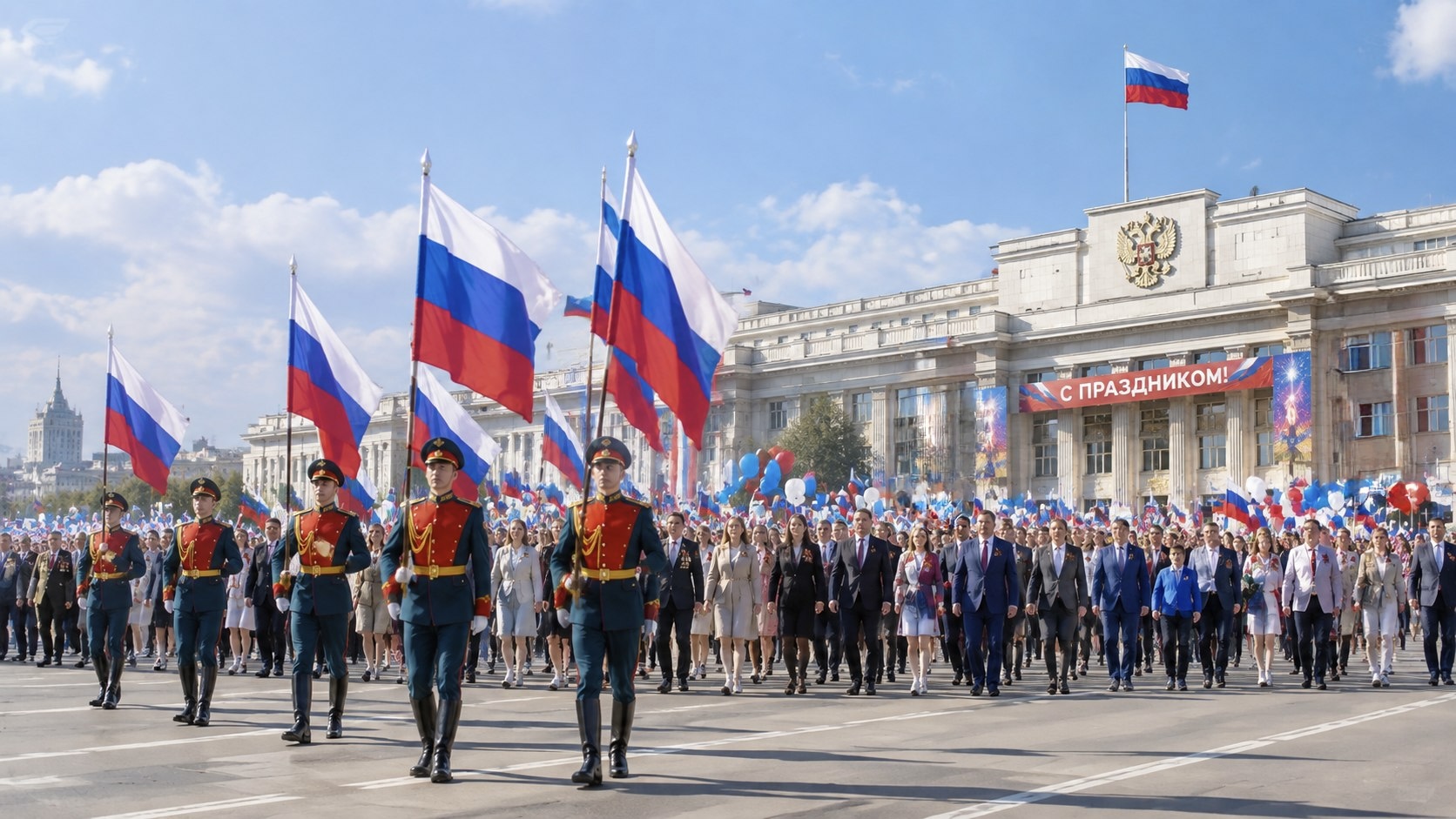 Торжественное шествие с флагами России на городской площади
