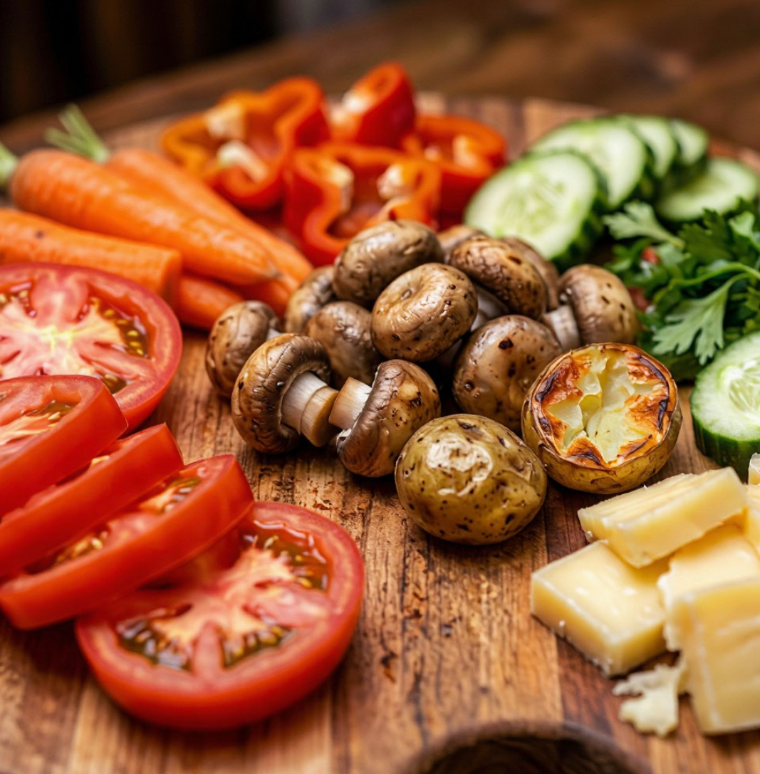 Alt: приготовленные овощи и продукты