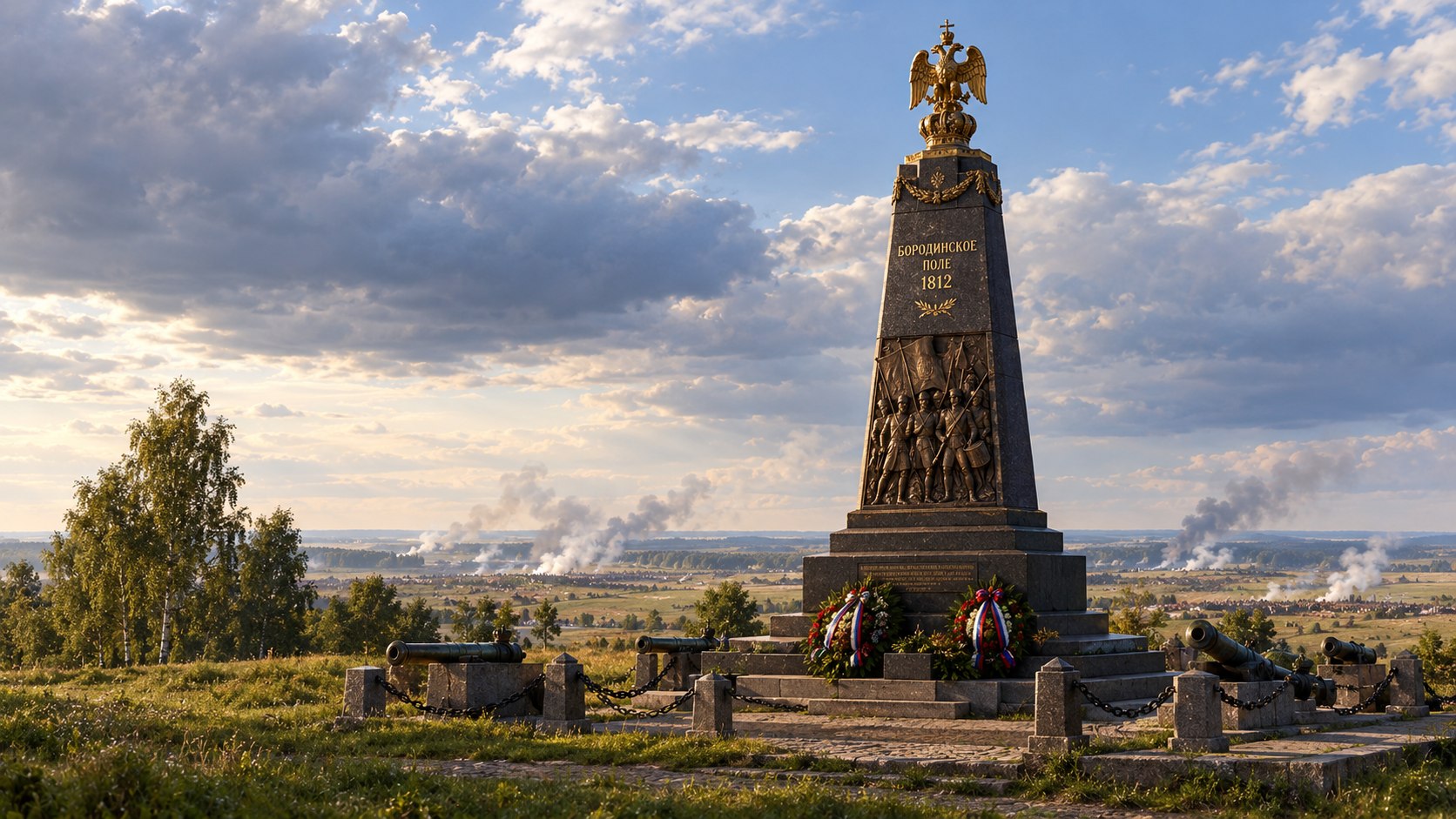 Фото сгенерировано ИИ. Монумент на Бородинском поле в память о битве 1812 года