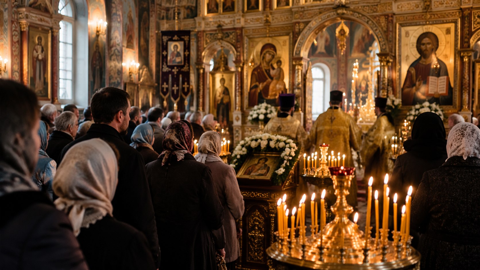 верующие в православном храме на праздничной службе