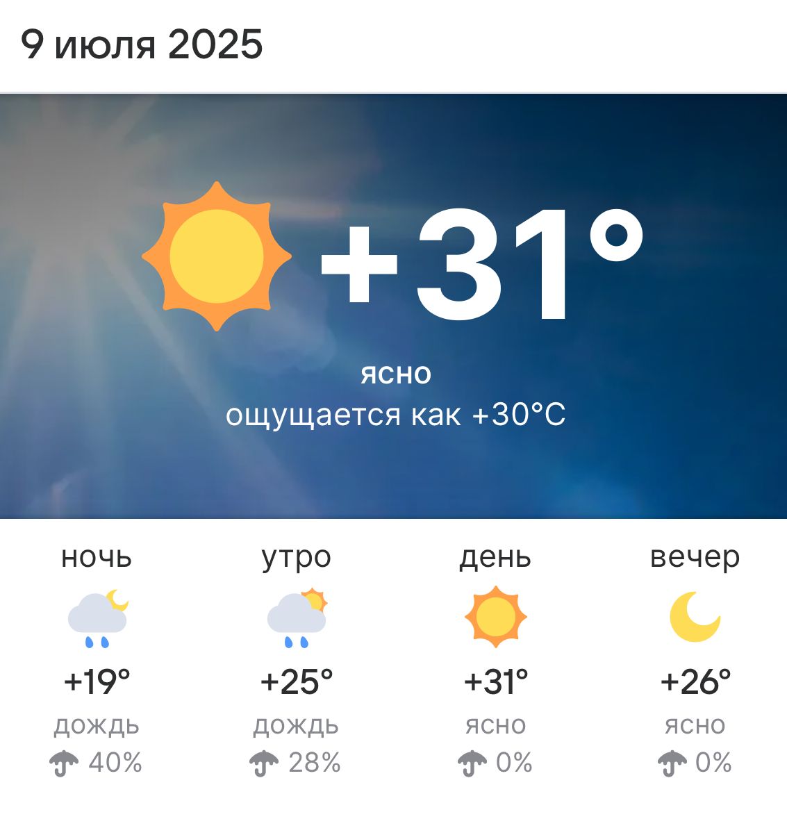 Погода на 9 июля 2025 года