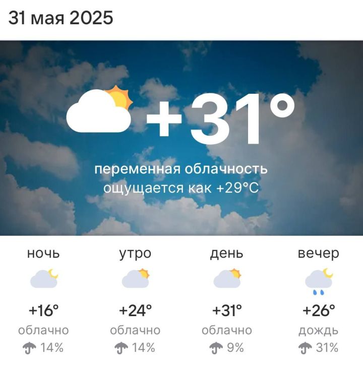 Прогноз погоды в Высокогорском районе на завтра 31 мая 2025 года