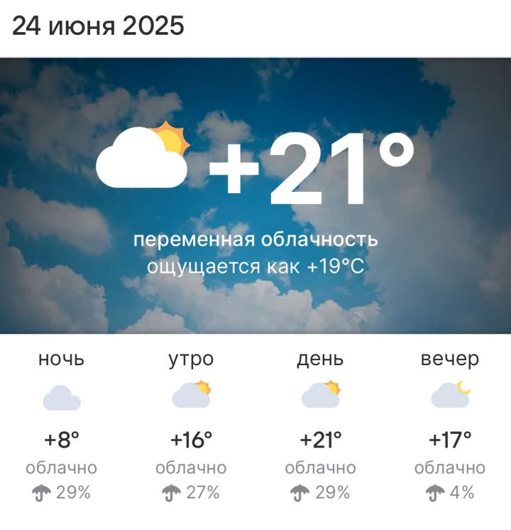 Прогноз погоды в Высокогорском районе на 24 июня 2025 года