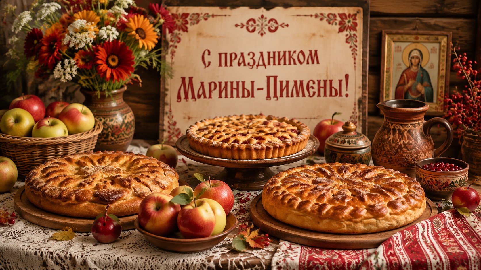 Праздничный стол с пирогами и яблоками на праздник Марины-Пимены