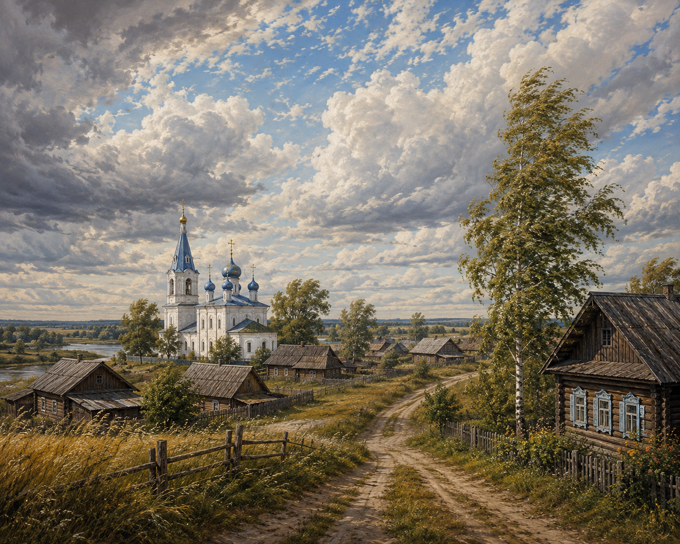 Церковь вдалеке в деревне